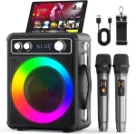 Muzikinis centras Ne&scaron;iojama karaoke ma&scaron;ina su 2 belaidžiais mikrofonais, Ankuka bluetooth garsiakalbis su Led ap&scaron;vietimo efektais, palaiko Tf/usb, Fm, įra&scaron;ymą, Aux įvestį, Tws, skirta vakarėliams, gimtadieniams (suaugusiems / vaikams)