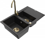 Granitinė virtuvinė plautuvė Mexen Gaspar su mai&scaron;ytuvu ir sifonu, Metallic juodas/sidabrinis+Gold