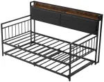 Dvigulė metalinė sofa-lova su i&scaron;traukiama lova, USB ir daiktadėže, juoda. Sofa lova, dvivietė lova, svečių lova