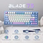 Mechlands Blade75 belaidė mechaninė aliumininė žaidimų klaviatūra, gasket creamy klaviatūra, Bt5.0/2.4ghz/usb-c hot swappable custom klaviatūra su mygtuku, Rgb, Nkro skirta Win/mac/games/office (mėlyna)