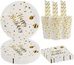 Bokfjbp 80 dalių gimtadienio stalo įrankių rinkinys, baltos aukso spalvos vakarėlio dekoracijų reikmenys, stalo įrankiai, lėk&scaron;tės, servetėlės, popieriniai puodeliai, &scaron;iaudeliai vaikų gimtadienio dekoravimui, berniukams ir mergaitėms, 16 asmenų (balta ...
