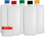 5 x 500 ml plastikinės butelių pakuotės su spalvotais dangteliais