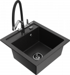 Granitinė virtuvinė plautuvė Mexen Vito su mai&scaron;ytuvu ir sifonu, Metallic juodas/sidabrinis+Juodas/Chrome