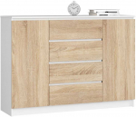 Komoda k 140 cm 2 durys 4 stalčiai, balta / sonoma