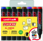 Uni-Ball &bdquo;Uni Prockey&ldquo; žymeklių rinkinys, 8 vnt., kampuotas antgalis (juoda, raudona, mėlyna, žalia, geltona, ruda, oranžinė, violetinė), 5,7 mm linija - vandens pagrindo ra&scaron;alas, &bdquo;Waterproff&ldquo;, &bdquo;Fadeproff&ldquo;, bekvapis ra&scaron;alas