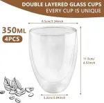 Vexillic Dvisienės kavos stiklinės, latte macchiato stiklinės, 4 vnt. rinkinys, 350 ml cappuccino puodeliai kavai, ledams, pienui, sultims, arbatai