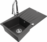 Granitinė virtuvinė plautuvė Mexen Cesar su mai&scaron;ytuvu ir sifonu, Juodas granite+Chrome