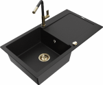 Granitinė virtuvinė plautuvė Mexen Leo su mai&scaron;ytuvu ir sifonu, Juodas+Juodas/Gold