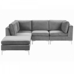 Beliani 4 vietų modulinė sofa EVJA, de&scaron;ininė, pilka, veliūrinė, su otomane