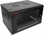 19" 6U 600x450 sieninė spintelė (dvigubos sekcijos variantas), vienos lapo stiklinės durys, nuimamas pilnas galinis dangtis, nuimami pilni &scaron;oniniai dangčiai, rakinama, 4 sijos, juoda, ALANTEC