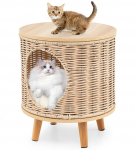 Bonideco Select Cat House rotango kačių lova su medinėmis kojelėmis ir nuimama pagalvėlė katėms iki 30 kg Vidiniai kačių baldai 36 x 36 x 41 cm natūralūs
