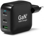 PORT CONNECT GaN2 wall charger for 2&times;USB-C PD and USB-A QC, 100W, Juodas