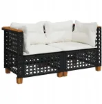 Sodo sofa i&scaron; ratano, juoda, 63,5x63,5x62 cm + pagalvėlės