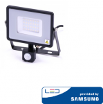 30W LED prožektorius V-TAC, 3000K (&scaron;iltai balta), su judesio davikliu, juodu korpusu, SAMSUNG LED chip