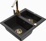 Granitinė virtuvinė plautuvė Mexen Carlos su mai&scaron;ytuvu ir sifonu, Metallic juodas/sidabrinis+Gold