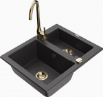 Granitinė virtuvinė plautuvė Mexen Carlos su mai&scaron;ytuvu ir sifonu, Juodas granite+Gold