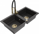 Granitinė virtuvinė plautuvė Mexen Mario su mai&scaron;ytuvu ir sifonu, Juodas granite+Juodas/Gold