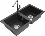 Granitinė virtuvinė plautuvė Mexen Mario su mai&scaron;ytuvu ir sifonu, Juodas granite+Chrome