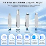 3-in-1 Usb atmintinė 256gb su Usb-c adapteriu, skirta telefonui/android/plan&scaron;etei/pc/ne&scaron;iojamam kompiuteriui, i&scaron;orinė photostick atmintinė - efektyvus duomenų/nuotraukų/video atsarginis kopijavimas, suderinama su Ios ir Android (sidabrinė)