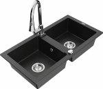 Granitinė virtuvinė plautuvė Mexen Mario su mai&scaron;ytuvu ir sifonu, Metallic juodas/sidabrinis+Chrome