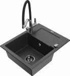 Granitinė virtuvinė plautuvė Mexen Enzo su mai&scaron;ytuvu ir sifonu, Juodas granite+Juodas/Chrome