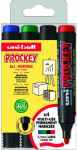 Uni-Ball Uni Prockey žymekliai, 4 vnt. rinkinys, kampuoti antgaliai (juoda, raudona, mėlyna, žalia), 5,7 mm linija - vandens pagrindo ra&scaron;alas, Waterproff, Fadeproff, bekvapis ra&scaron;alas