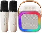 Genround karaoke aparatas su 2 mikrofonais, bluetooth garsiakalbis su vokalo pa&scaron;alinimu, 3 led ap&scaron;vietimo režimai, balso keitimas, bluetooth mikrofonas vaikams, suaugusiems, berniukams, mergaitėms (smėlio spalvos)