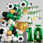 10-ojo gimtadienio dekoracijos futbolo gerbėjams, 10 metų balionai futbolo tema, 10 metų dekoracija, 10-ojo gimtadienio balionai su auksiniu trofėjumi ir "happy Birthday" baneriu