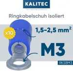 10 vnt. Kalitec Rksbm3 žiedinių kabelių antgalių rinkinys 1.5 - 2.5 mm&sup2; I i&scaron; dalies izoliuoti M3 mėlyni I variniai I Pvc apykaklė I skirti kabeliams ar laidams jungti I kabelių antgalis I kabelių jungtis I apsaugo elektros instaliaciją