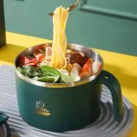 Nerūdijančio plieno greitai paruo&scaron;iamų makaronų dubuo, 900 ml talpos, pietų dubuo su dangteliu, dvigubo sluoksnio sriubos dubuo, greitai paruo&scaron;iamų makaronų virimo puodas, termosas maisto dėžutė namams, virtuvei, (žalias)