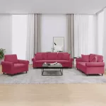 Sofa Sofos komplektas su pagalvėmis, 3 dalių, vyno, aksomas
