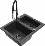 Granitinė virtuvinė plautuvė Mexen Carlos su mai&scaron;ytuvu ir sifonu, Juodas granite+Juodas/Chrome