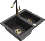 Granitinė virtuvinė plautuvė Mexen Carlos su mai&scaron;ytuvu ir sifonu, Juodas granite+Juodas/Gold