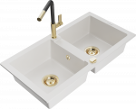 Granitinė virtuvinė plautuvė Mexen Mario su mai&scaron;ytuvu ir sifonu, Baltas+Juodas/Gold