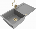 Granitinė virtuvinė plautuvė Mexen Leo su mai&scaron;ytuvu ir sifonu, Pilkas+Gold