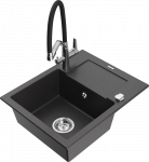 Granitinė virtuvinė plautuvė Mexen Enzo su mai&scaron;ytuvu ir sifonu, Juodas granite+Juodas/Chrome