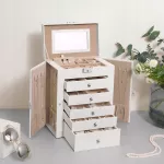 SONGMICS papuo&scaron;alų dėžutė, 6 auk&scaron;tų, su &scaron;oninėmis durelėmis, stalčiais, veidrodžiu ir užraktu, balta JBC152W01