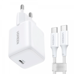 Ugreen X513 30W GaN Laidinis įkroviklis 1x USB-C + 1m USB-C Kabelis - baltos spalvos