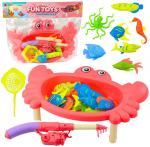Lean Toys Žvejybos rinkinys vaikams: rožinis krabų staliukas su me&scaron;kere ir žuvytėmis