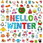 88 dalių linksma žiemos dekoracija, hello winter pingvinų pir&scaron;tinės, senis besmegenis, snaigė, i&scaron;karpos, skelbimų lentos dekoras, storas kartono rinkinys klasei, durims, langui, kalėdinei žiemos &scaron;ventei
