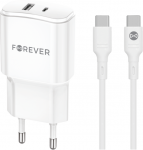 Forever TC-01-20AC PD QC įkroviklis 1x USB-C 1x USB 20W baltos spalvos + USB-C - USB-C kabelis 20W