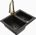 Granitinė virtuvinė plautuvė Mexen Carlos su mai&scaron;ytuvu ir sifonu, Metallic juodas/auksinis+Gold