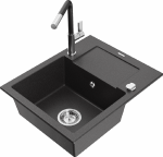 Granitinė virtuvinė plautuvė Mexen Enzo su mai&scaron;ytuvu ir sifonu, Juodas granite+Juodas/Chrome