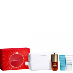 Set Clarins: Cryo-Flash Firming & Radiance Kreminis Mask For Face, 15 ml + Double Light Age-Defying Serum For Face, 30 ml + Hydra-Essentiel Moisturising Kreminis For Face, 15 ml + Clarins Zippered GWP Textile Pouch Baltas