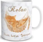 Triosk puodelis katė relax no stress su posakiu juokingas katės motyvas dovana poilsiui atsipalaidavimui kačių mylėtojams moterims draugei keramikinis 300 ml