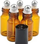 24vnt. amber spalvos tu&scaron;čias stiklinis roll-on buteliukas su metaliniu rutuliuku ir juodais dangteliais eteriniams aliejams, kvepalams, lūpų blizgiams, balzamams (5 ml)
