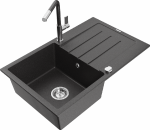 Granitinė virtuvinė plautuvė Mexen Bruno su mai&scaron;ytuvu ir sifonu, Juodas granite+Juodas granite/Chrome
