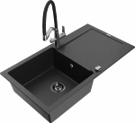 Granitinė virtuvinė plautuvė Mexen Leo su mai&scaron;ytuvu ir sifonu, Metallic juodas/sidabrinis+Juodas/Chrome