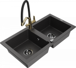Granitinė virtuvinė plautuvė Mexen Mario su mai&scaron;ytuvu ir sifonu, Juodas granite+Juodas/Gold