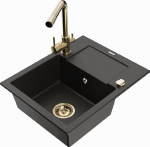 Granitinė virtuvinė plautuvė Mexen Enzo su mai&scaron;ytuvu ir sifonu, Metallic juodas/auksinis+Gold